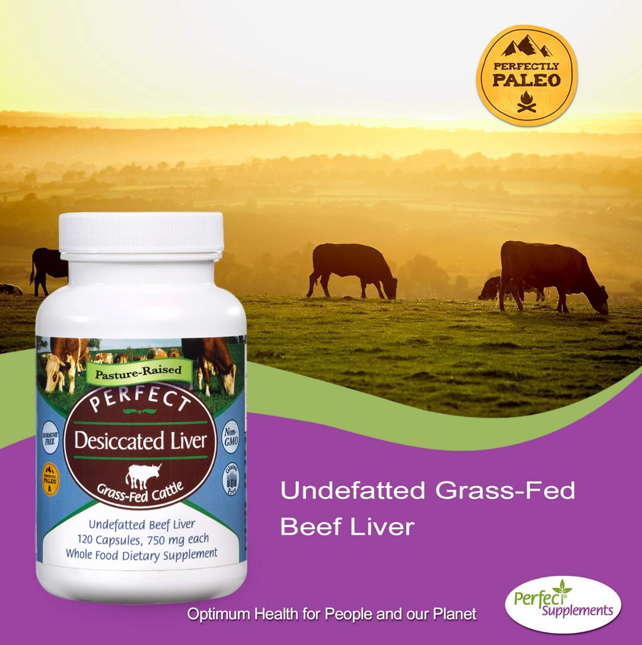 Pasture Raised Desiccated Liver, Grass-Fed Cattle, 120 Capsules, Perfect Supplements
