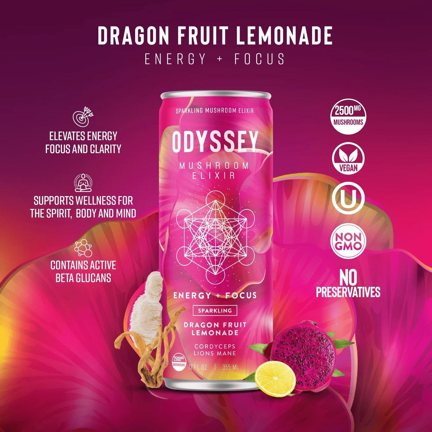 Dragon Fruit Lemonade Sparkling Mushroom Elixir - ENERGY + FOCUS, Odyssey