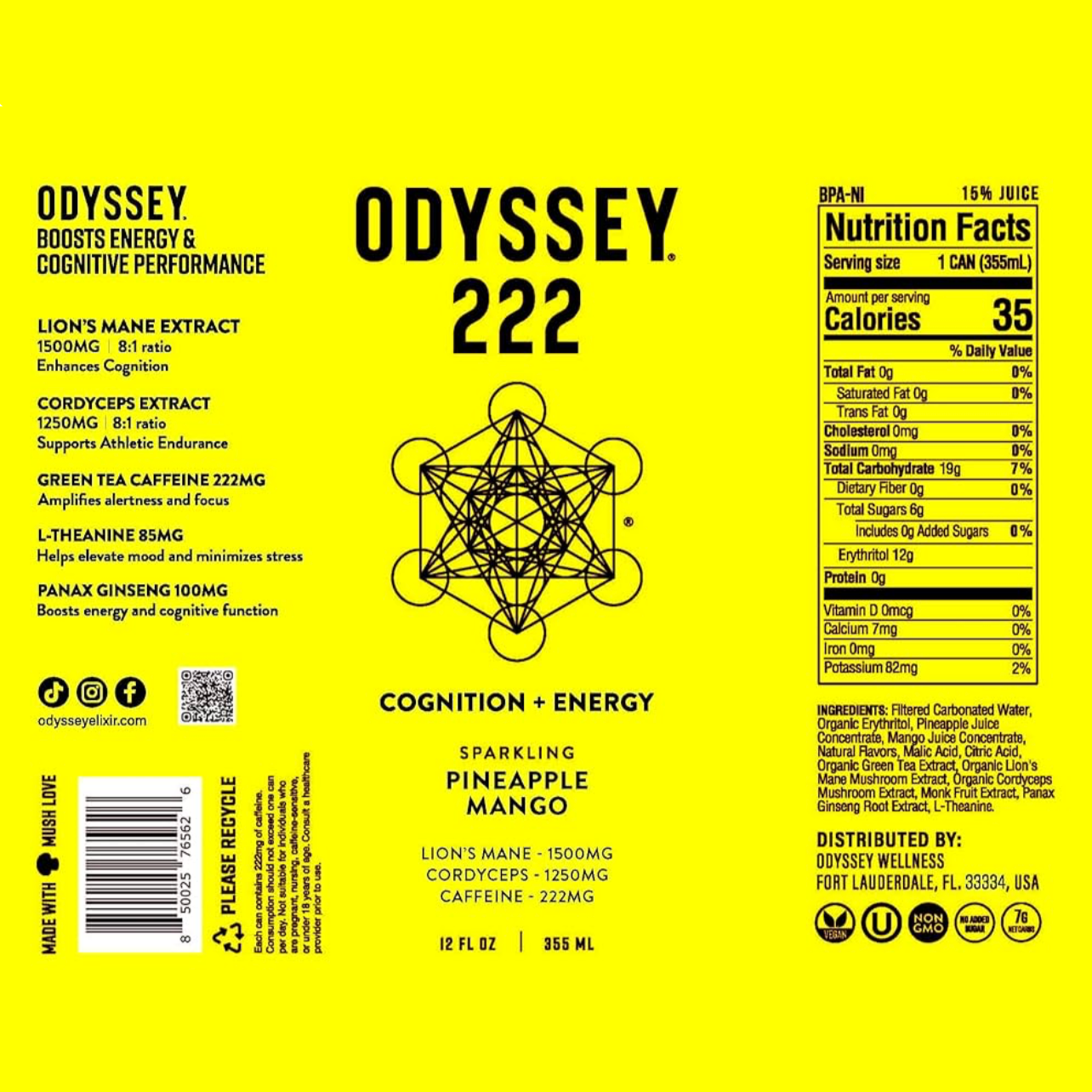 Pineapple Mango Sparkling Mushroom Energy Drink, ENERGY + FOCUS, Odyssey