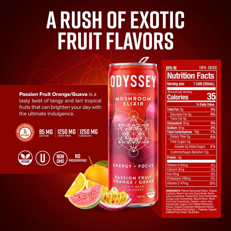 Passion Fruit, Orange, Guava Sparkling Mushroom Elixir ENERGY + FOCUS Drink, Odyssey