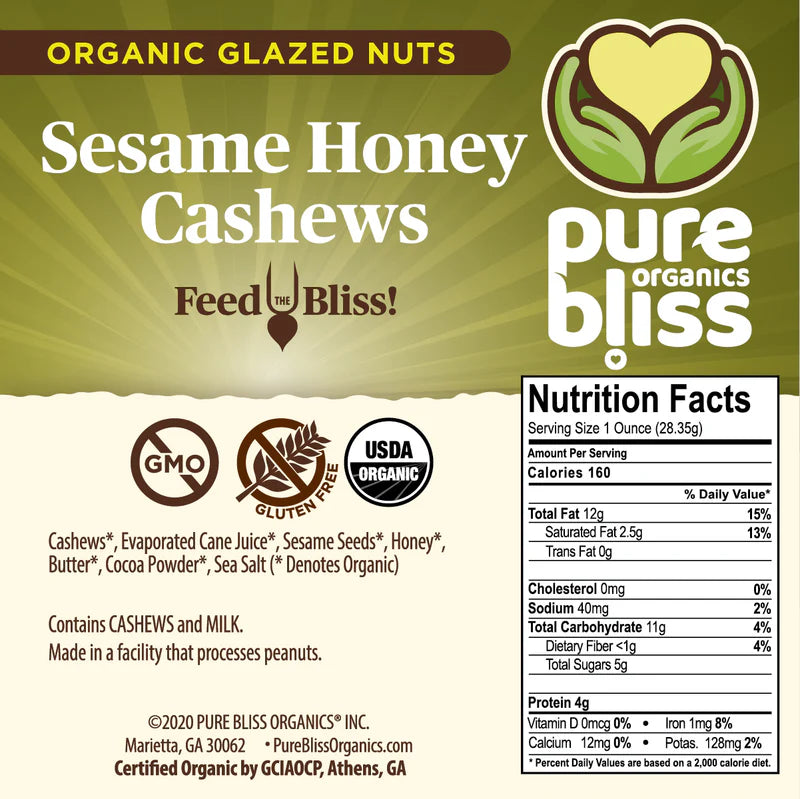 Organic Gourmet Nuts, Sesame Honey Cashews Glazed Mix, Pure Bliss Organics