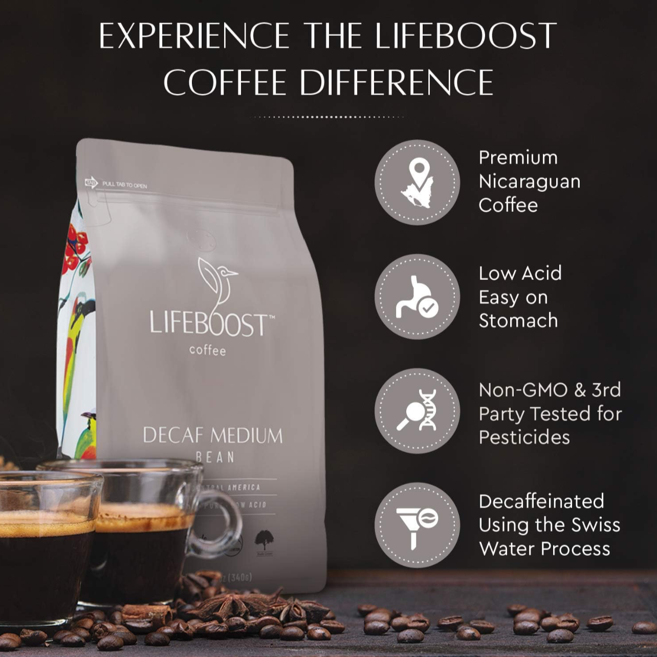 Decaf Medium Ground Coffee, 12oz, LifeBoost