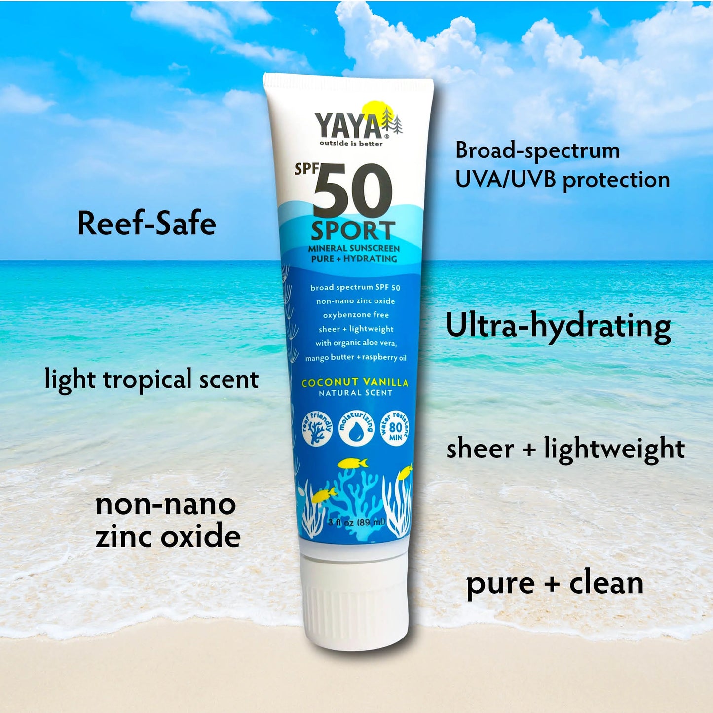 SPF 50 Sport Mineral Sunscreen, Pure + Hydrating, Coconut Vanilla, YAYA Organics