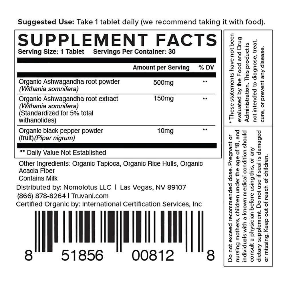 Ashwagandha Organic Tablets, 30 Tablets, Truvani
