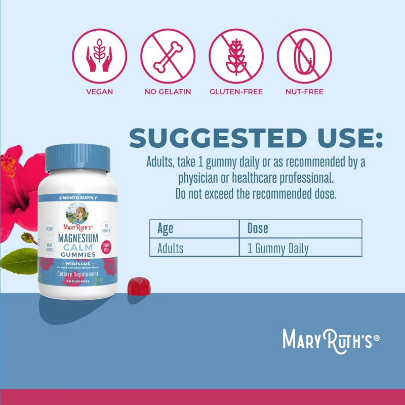 Magnesium Calm Gummies, Hibiscus Flavored, 60 Gummies, MaryRuth Organics