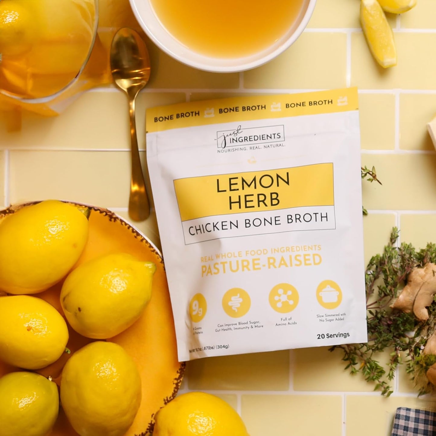 Lemon Herb Chicken Bone Broth, 20 Servings, 10.7oz, Just Ingredients