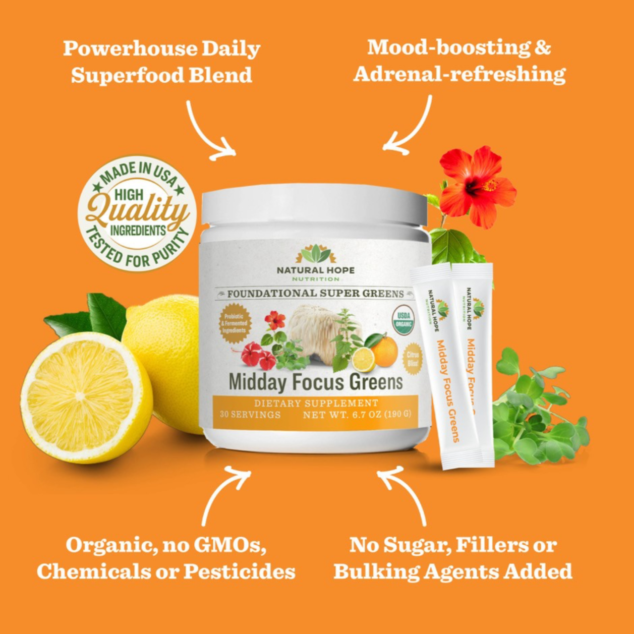 Organic Midday Focus Greens Sticks, Natural Hope Herbals