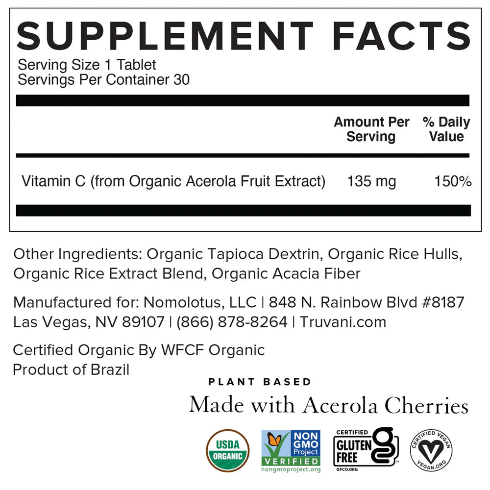 Vitamin C From Organic Acerola Cherries, 30 Tablets, Truvani