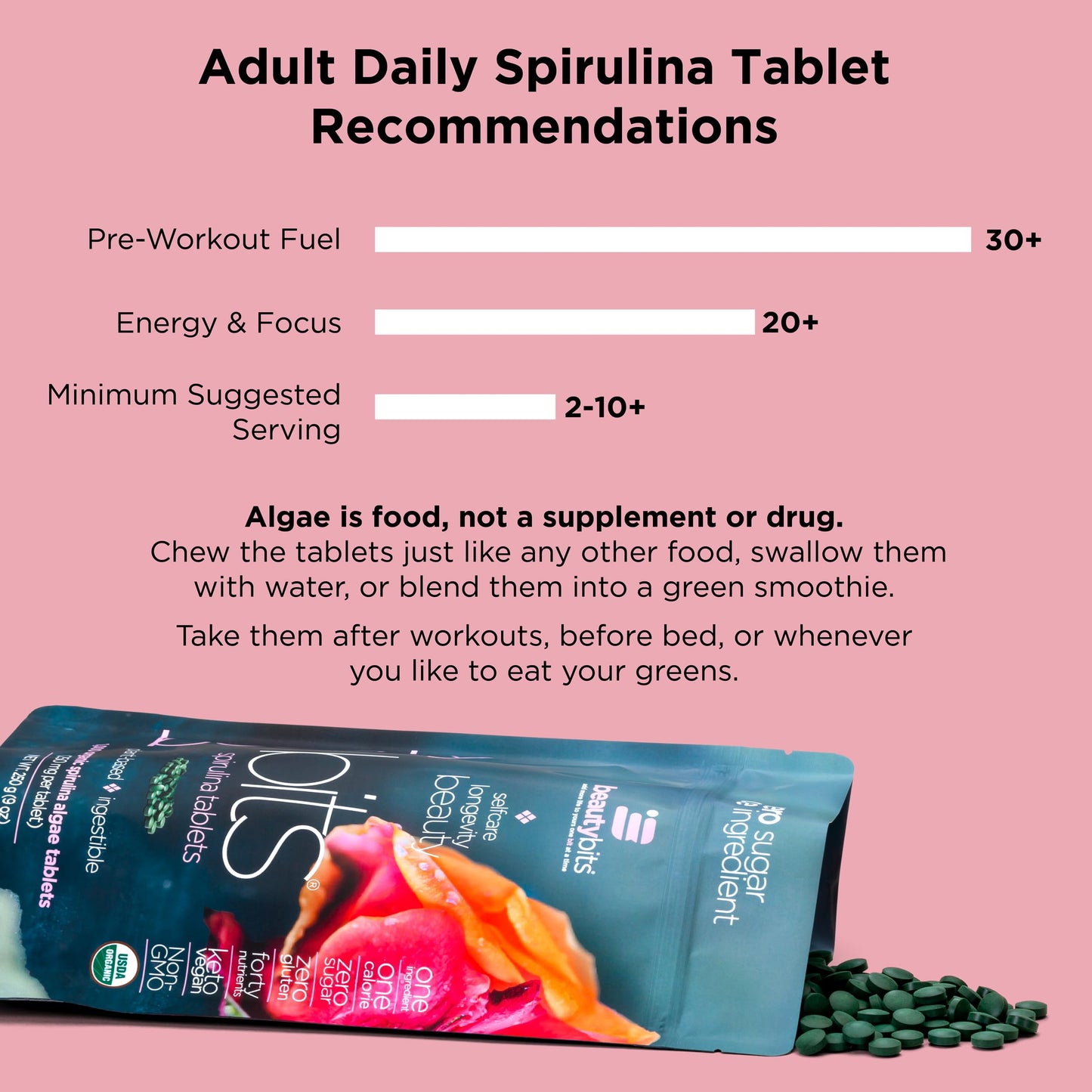 Selfcare Longevity Beauty Bits, 30 Spirulina Algae Tablets