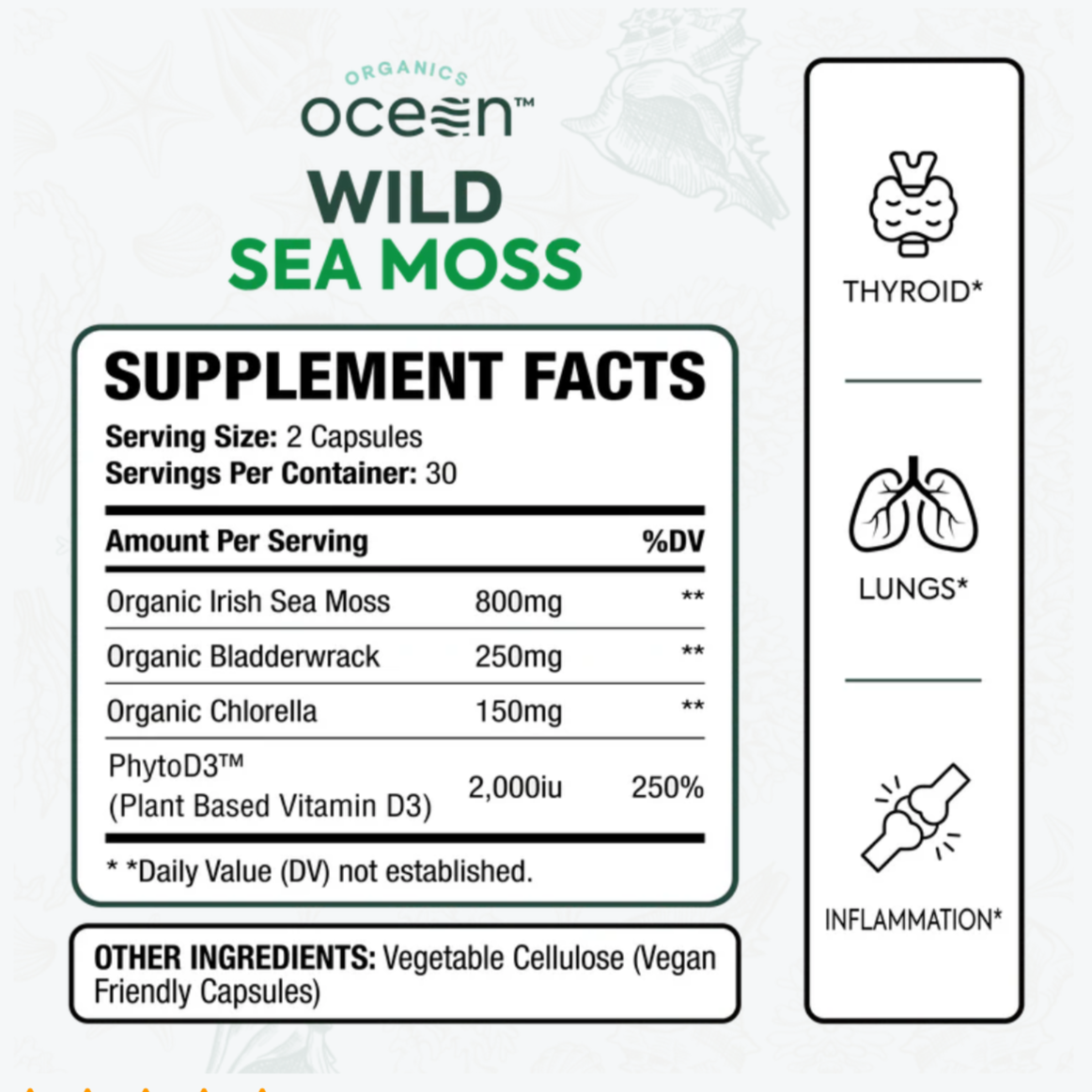 Wild Sea Moss + Bladderwrack + Chlorella, Organic Superfood, 60 Capsules, Organics Ocean