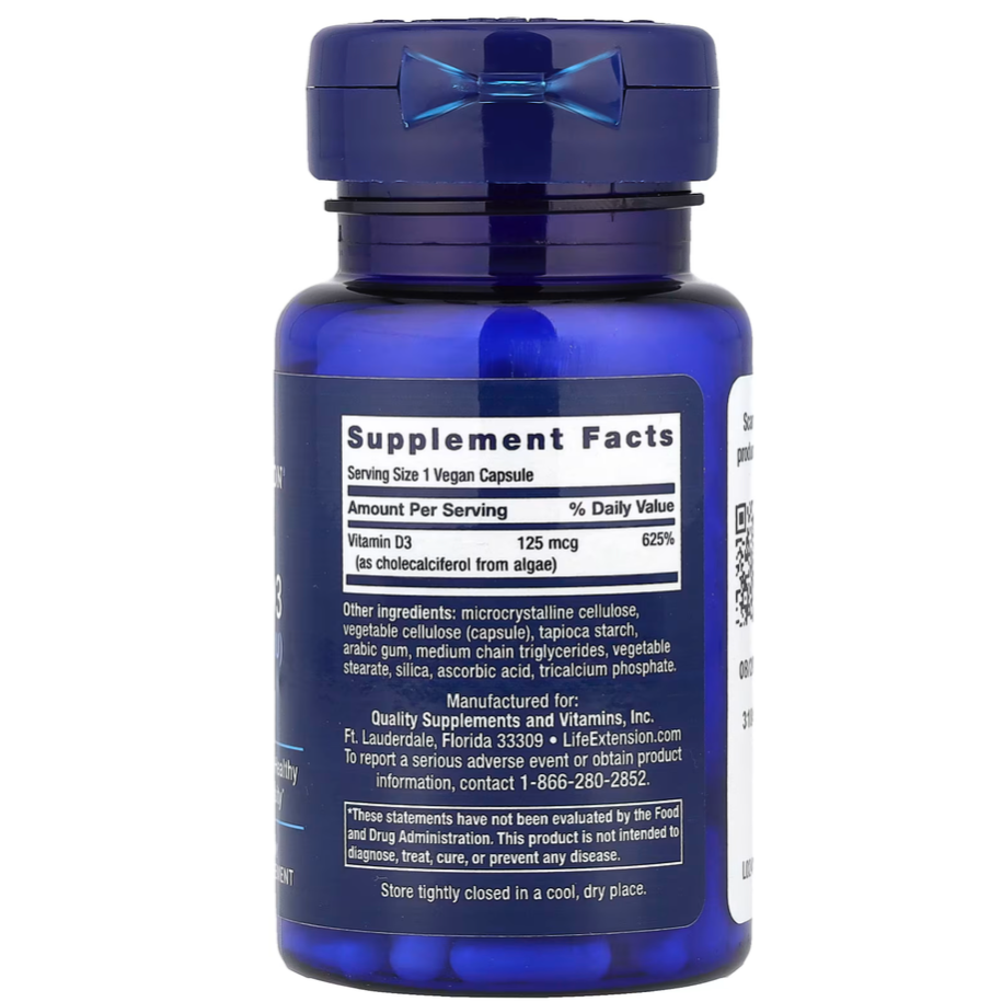 Vegan Vitamin D3, 125 mcg (5000 IU), 60 Vegan Capsules, Life Extension