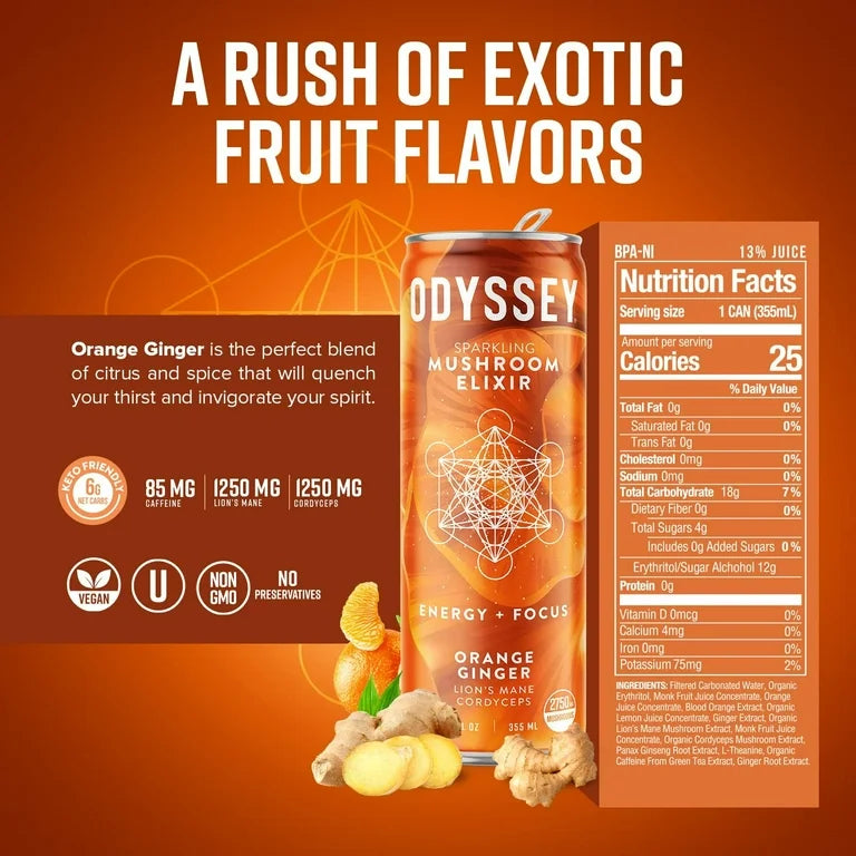 Orange Ginger Sparkling Mushroom Elixir ENERGY + FOCUS, Odyssey