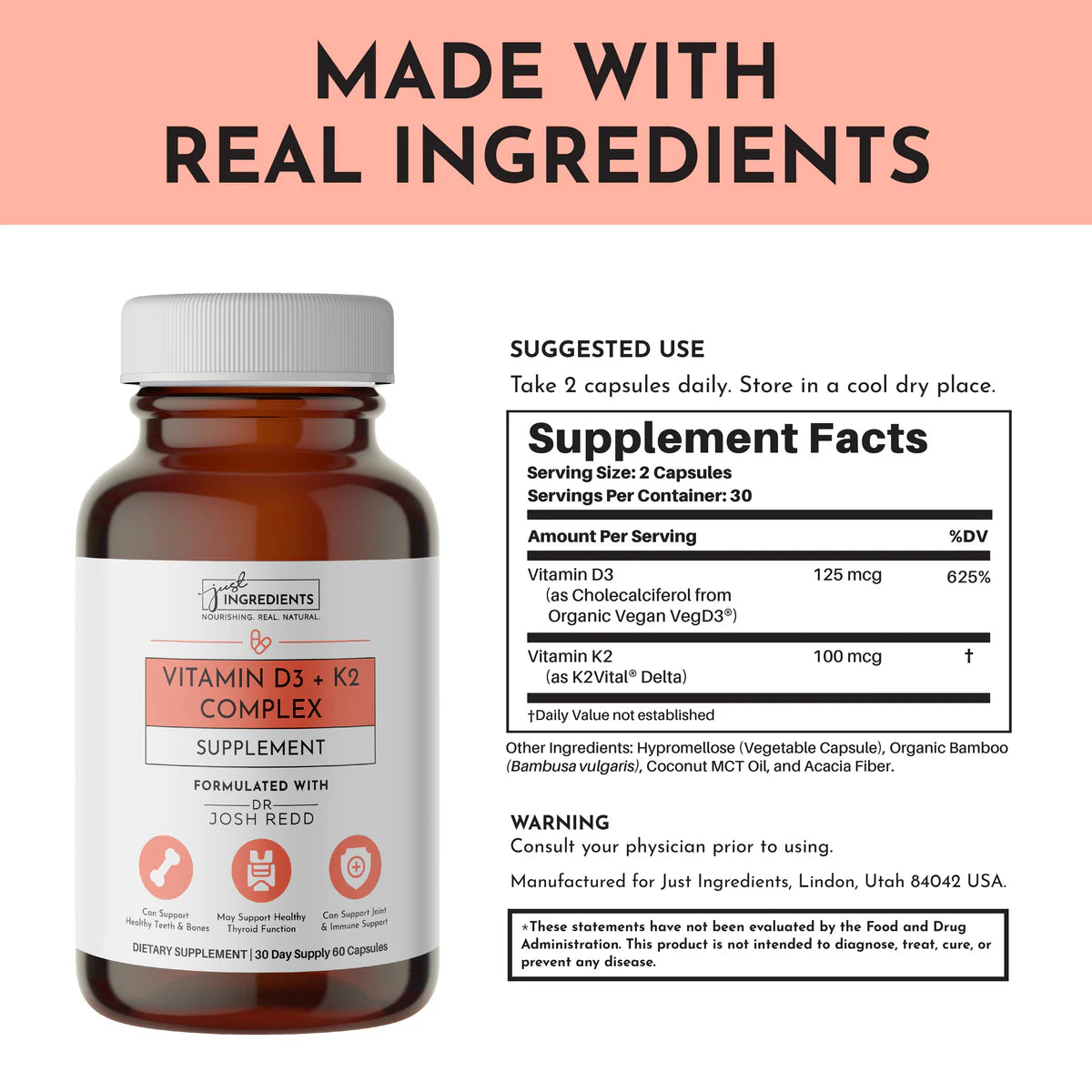 Vitamin D3 + K2 Complex, 60 Capsules, Just Ingredients
