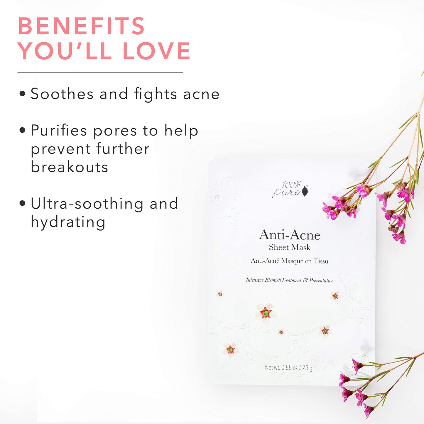 Mask, Anti-Acne Sheet, Intense Blemish Treatment and Preventative, 100% Pure