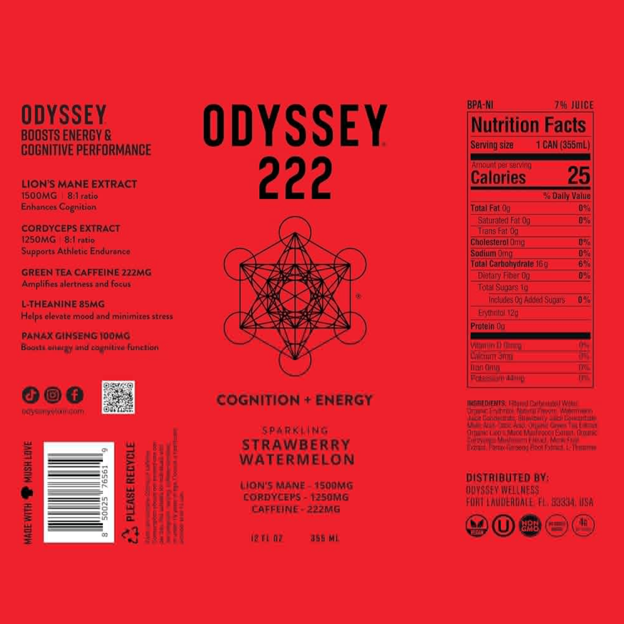 Strawberry Watermelon Sparkling Mushroom Energy Drink, ENERGY + FOCUS, Odyssey