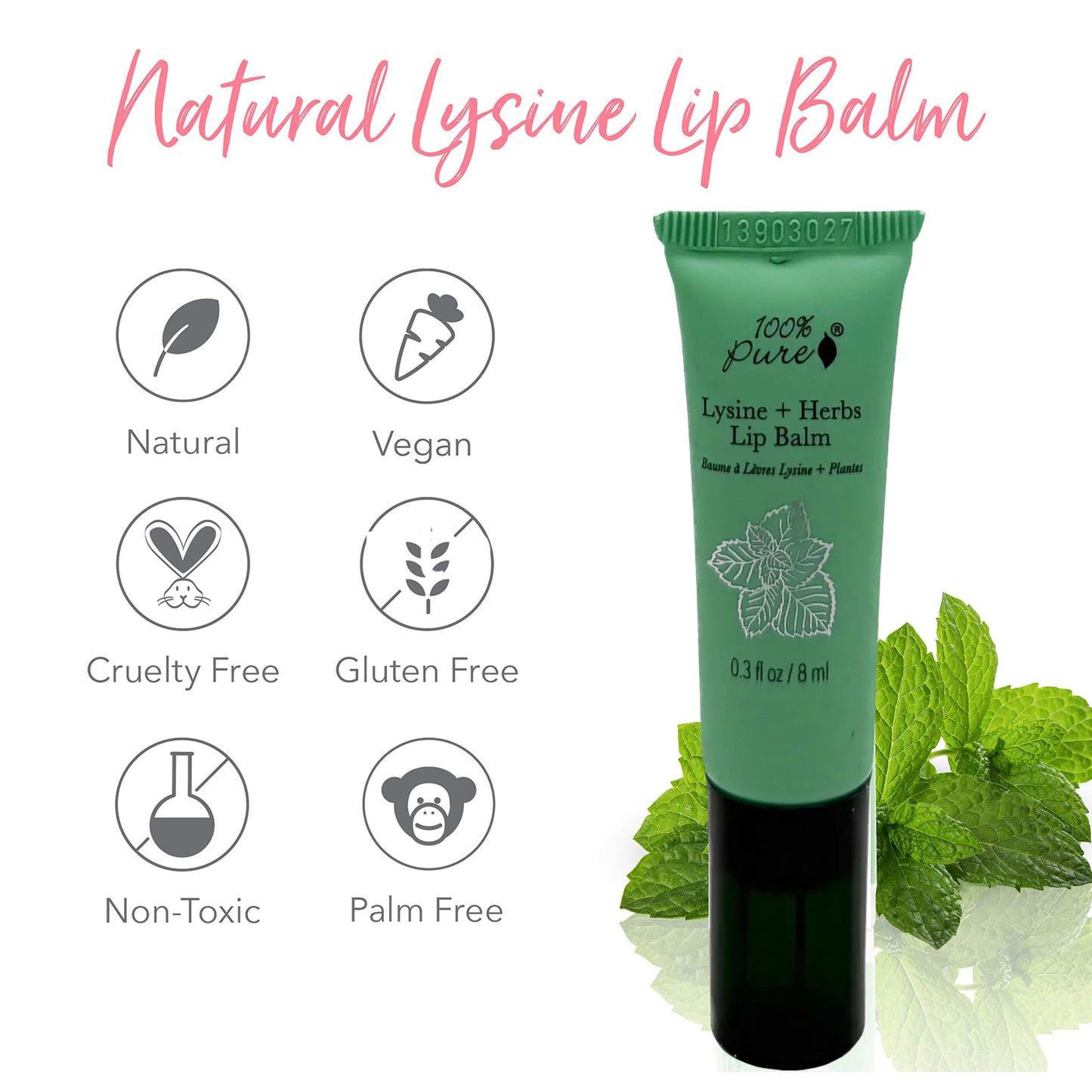 Lip Balm, Lysine + Herbs, .15 oz, 100% Pure
