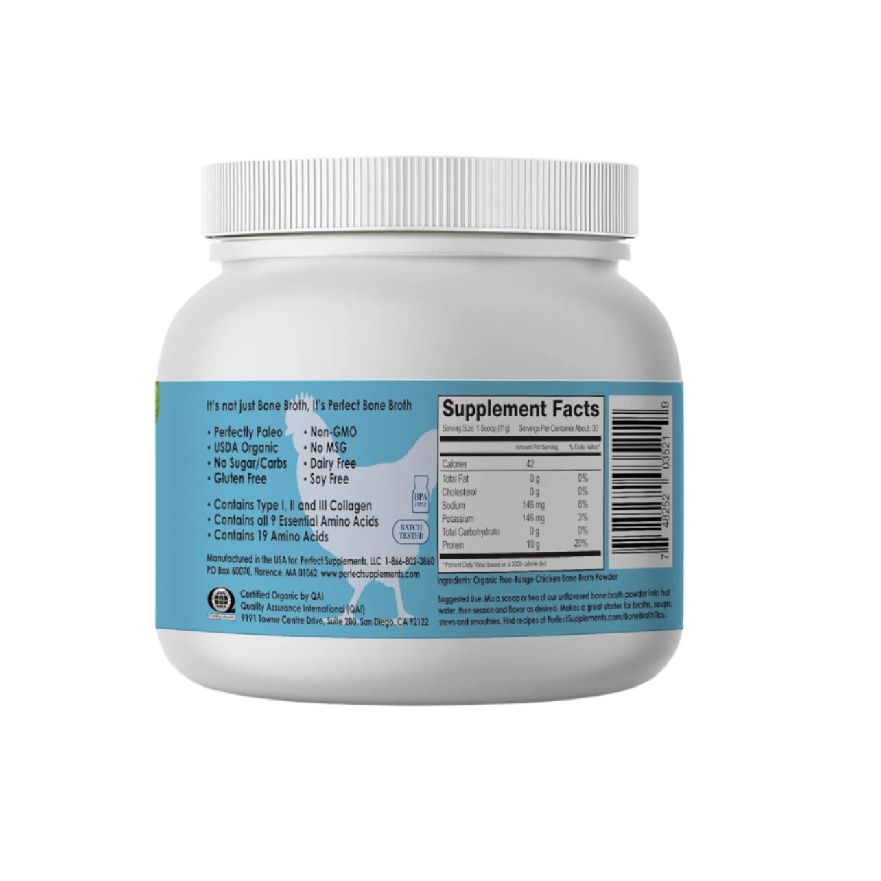 Organic Chicken Bone Broth Powder, 11.5oz, Perfect Supplements