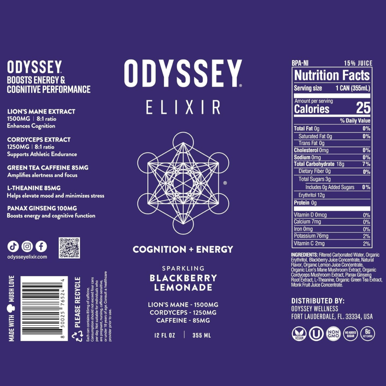 Blackberry Lemon Twist Sparkling Mushroom Elixir ENERGY + FOCUS Drink, Odyssey