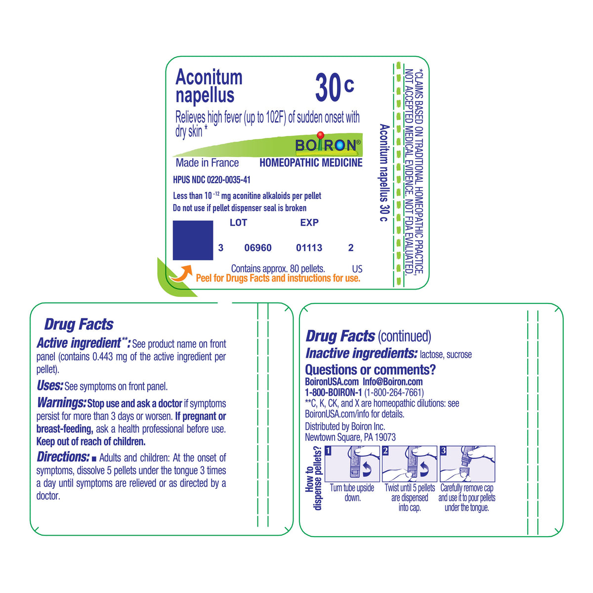 Aconitum Napellus, Homeopathic Medicine for High Fever (up to 102F) of Sudden Onset, Boiron, 80 Pills (Pill Size #40)