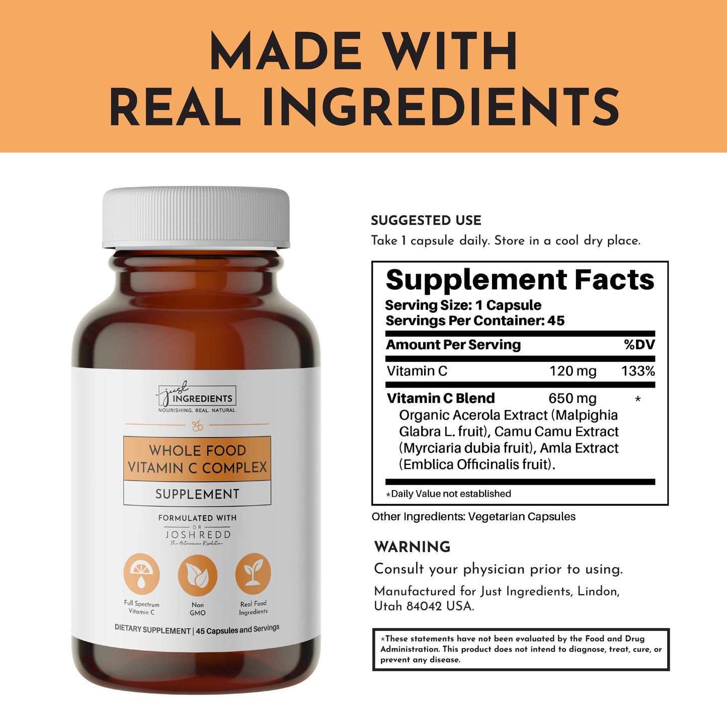 Whole Food Vitamin C Complex Supplement, 45 Capsules, Just Ingredients