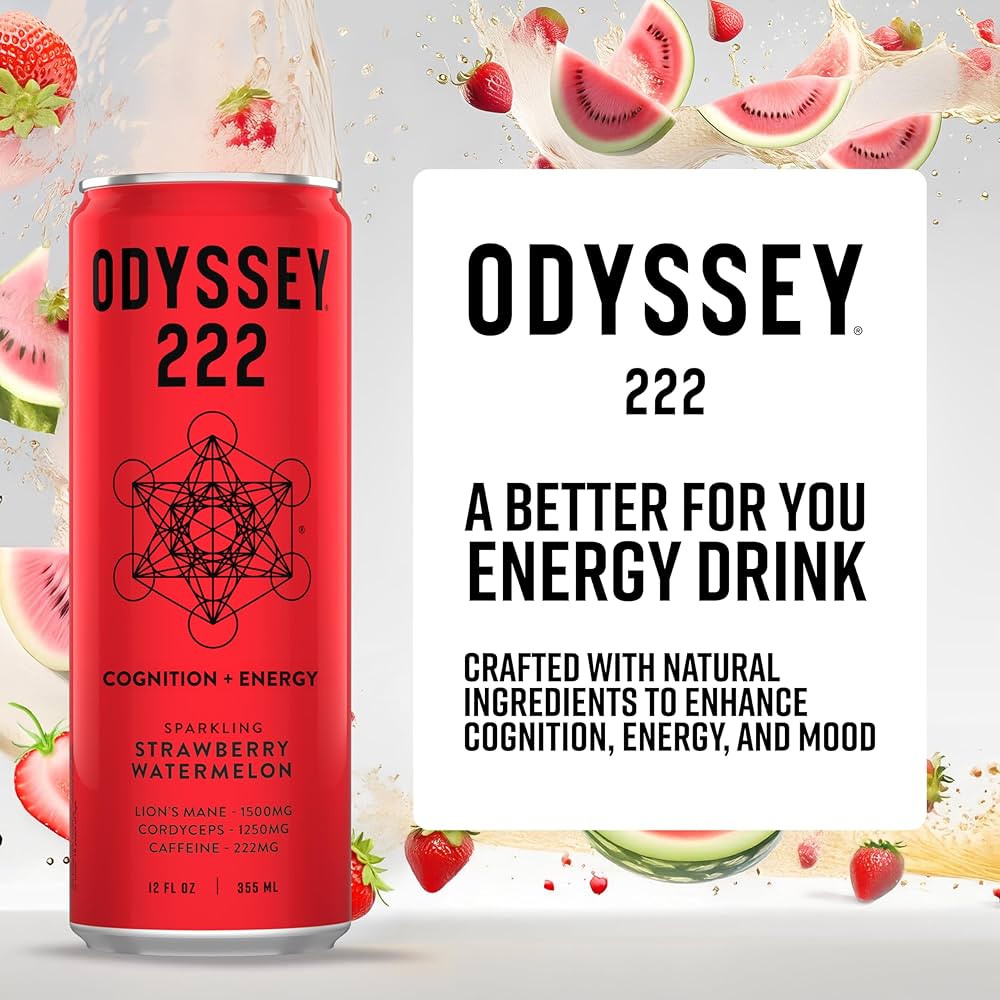 Strawberry Watermelon Sparkling Mushroom Energy Drink, ENERGY + FOCUS, Odyssey