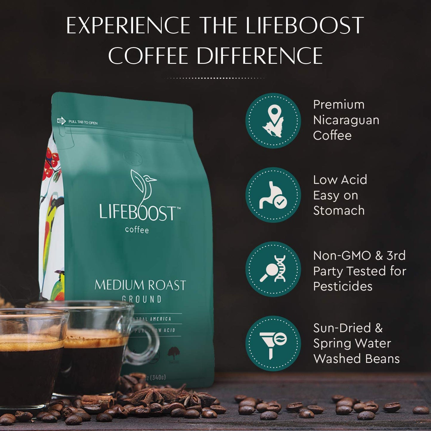 LifeBoost Coffee, Medium Roast Go Bags, 10ct