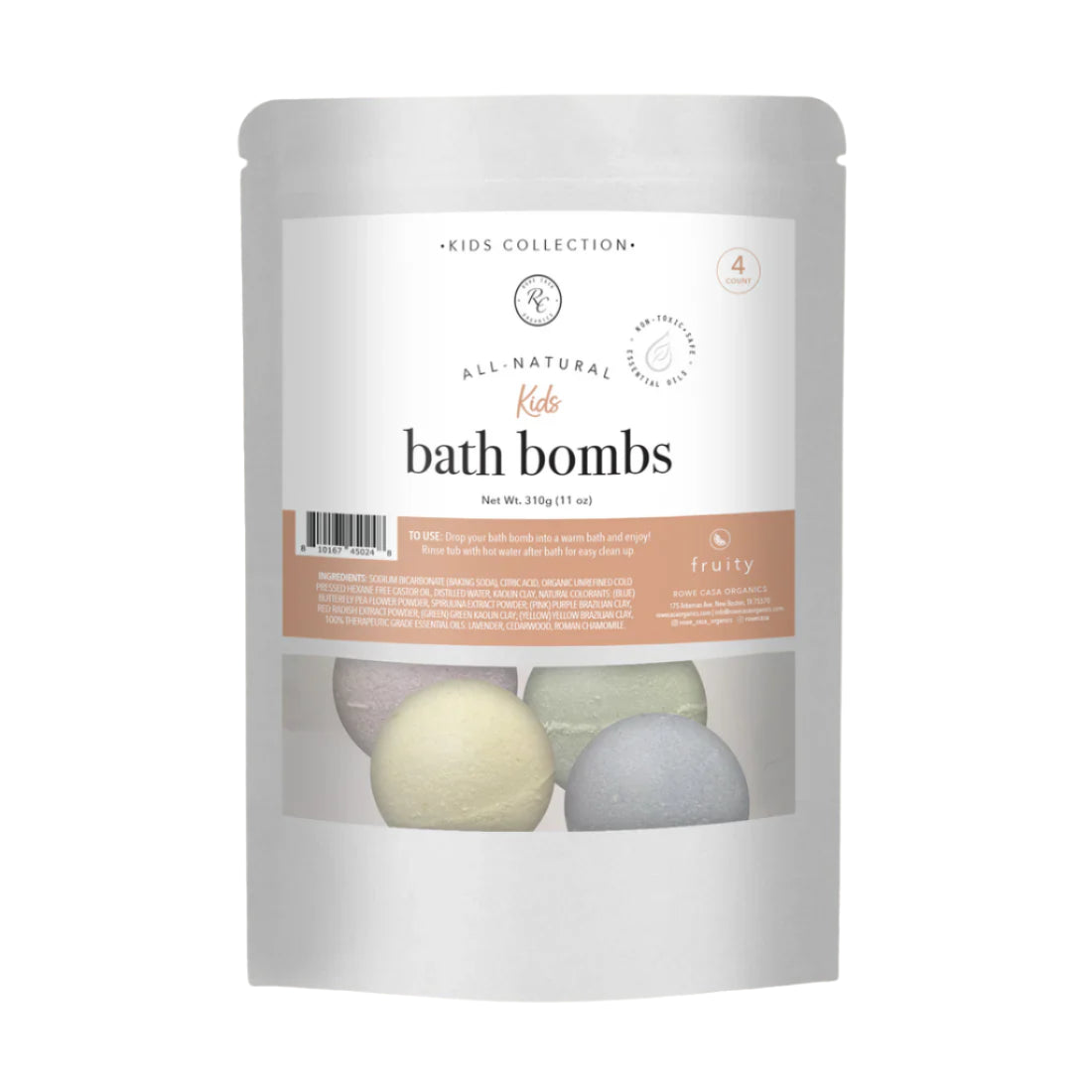 Bath Bombs For Kids, 4 Count, Rowe Casa Organics