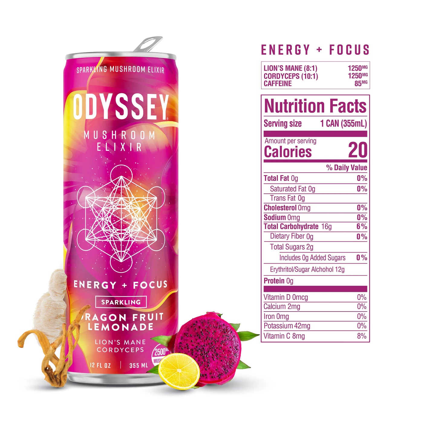 Dragon Fruit Lemonade Sparkling Mushroom Elixir - ENERGY + FOCUS, Odyssey