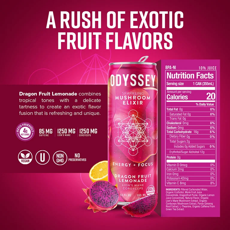 Dragon Fruit Lemonade Sparkling Mushroom Elixir - ENERGY + FOCUS, Odyssey