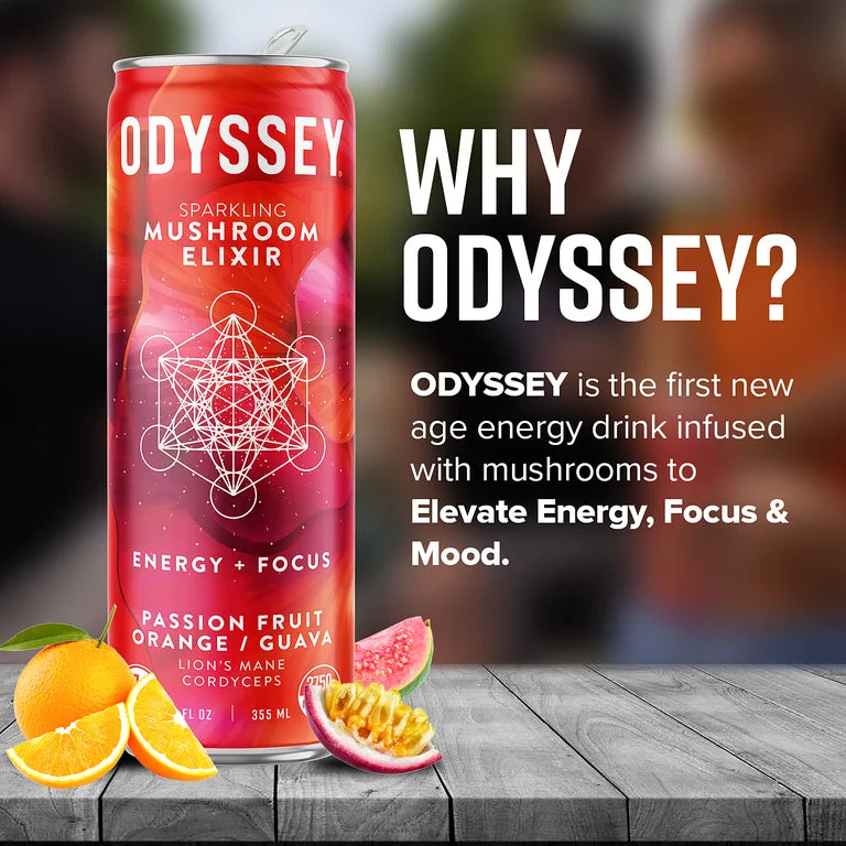 Passion Fruit, Orange, Guava Sparkling Mushroom Elixir ENERGY + FOCUS Drink, Odyssey