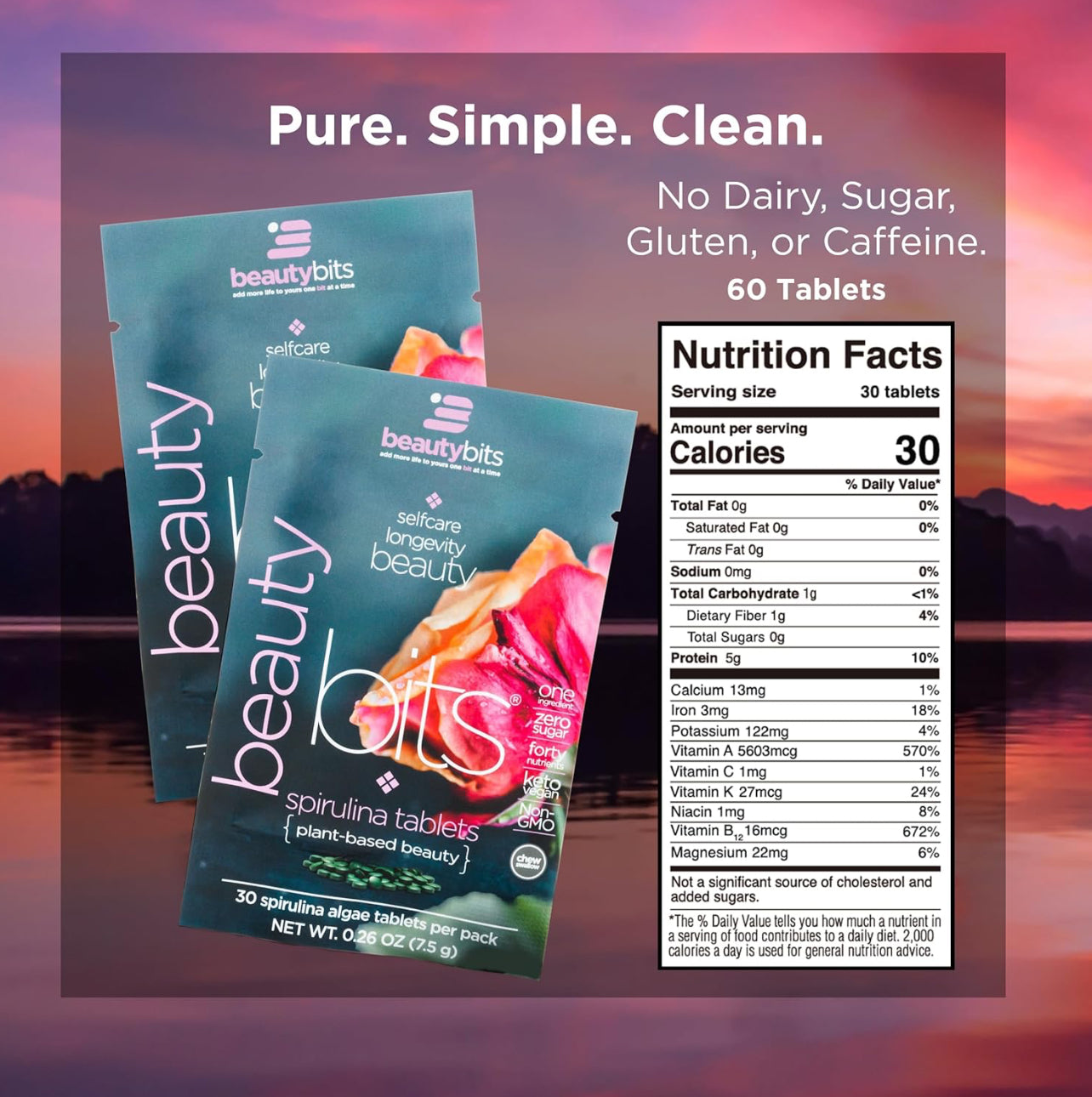 Longevity Beauty Bits, 30 Spirulina Algae Tablets, Energy Bits