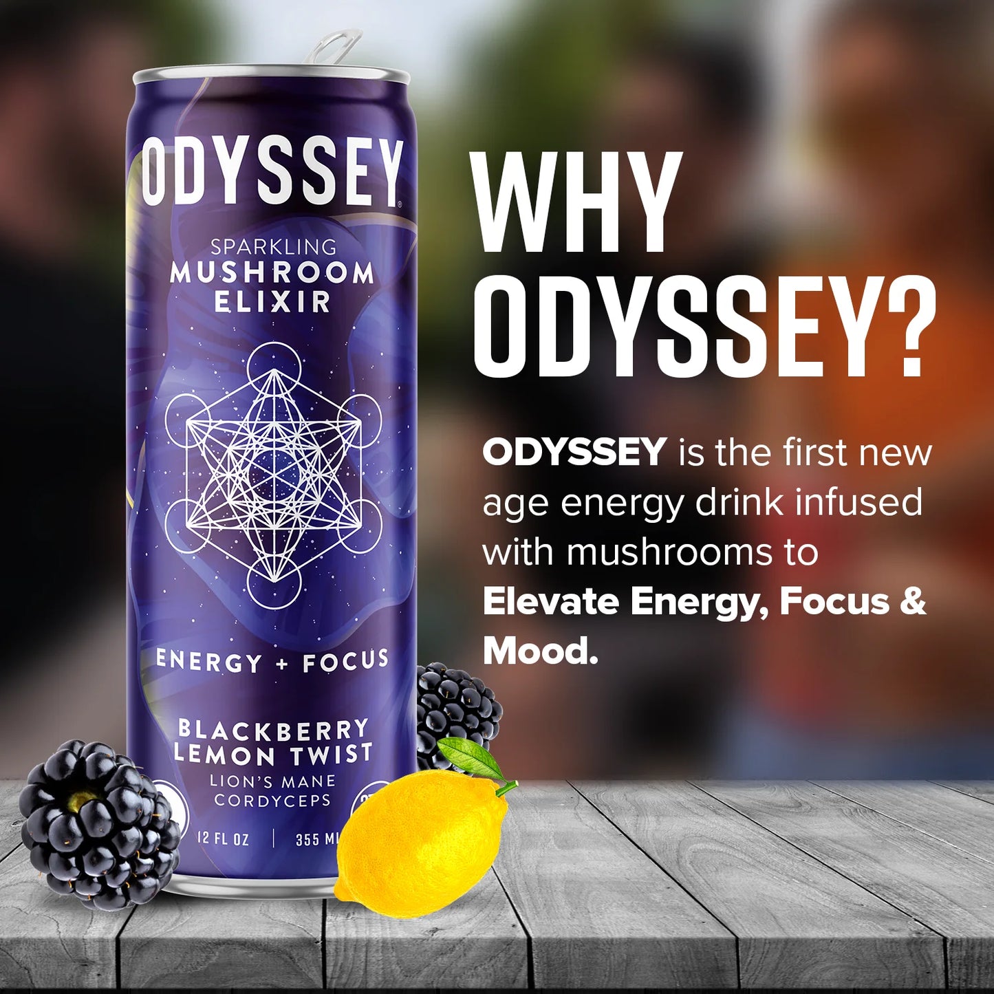 Blackberry Lemon Twist Sparkling Mushroom Elixir ENERGY + FOCUS Drink, Odyssey