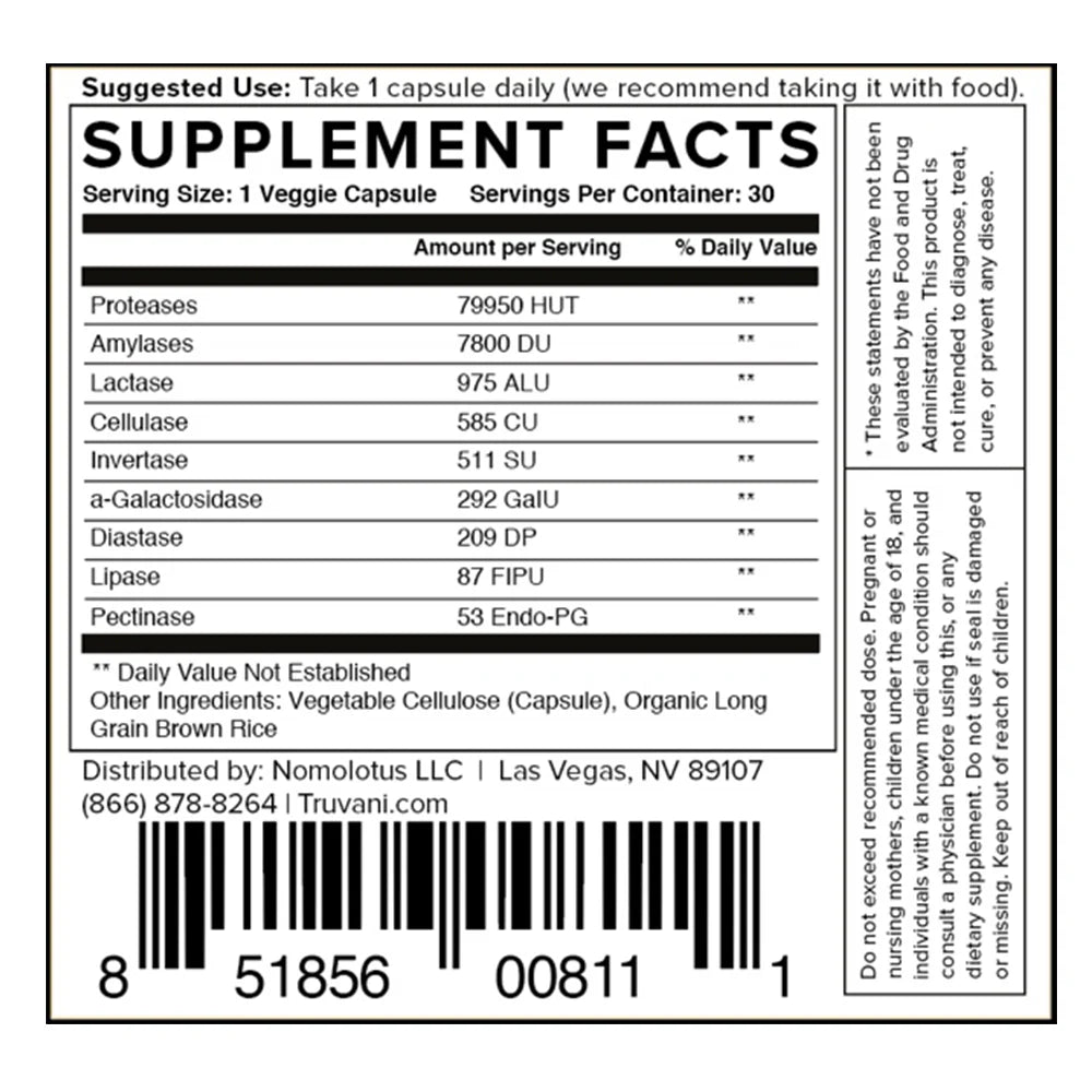 Digestive Enzymes, 9 Plant Based Enzymes, 30 Capsules, Truvani