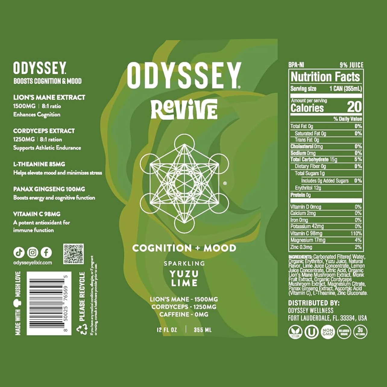 Yuzu Lime Sparkling Mushroom HYDRATION + MOOD Drink, Odyssey