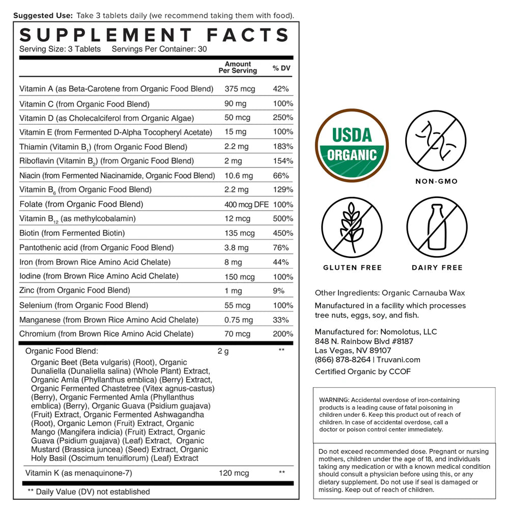 Organic Plant Based Multivitamin, 90 Tablets, Truvani