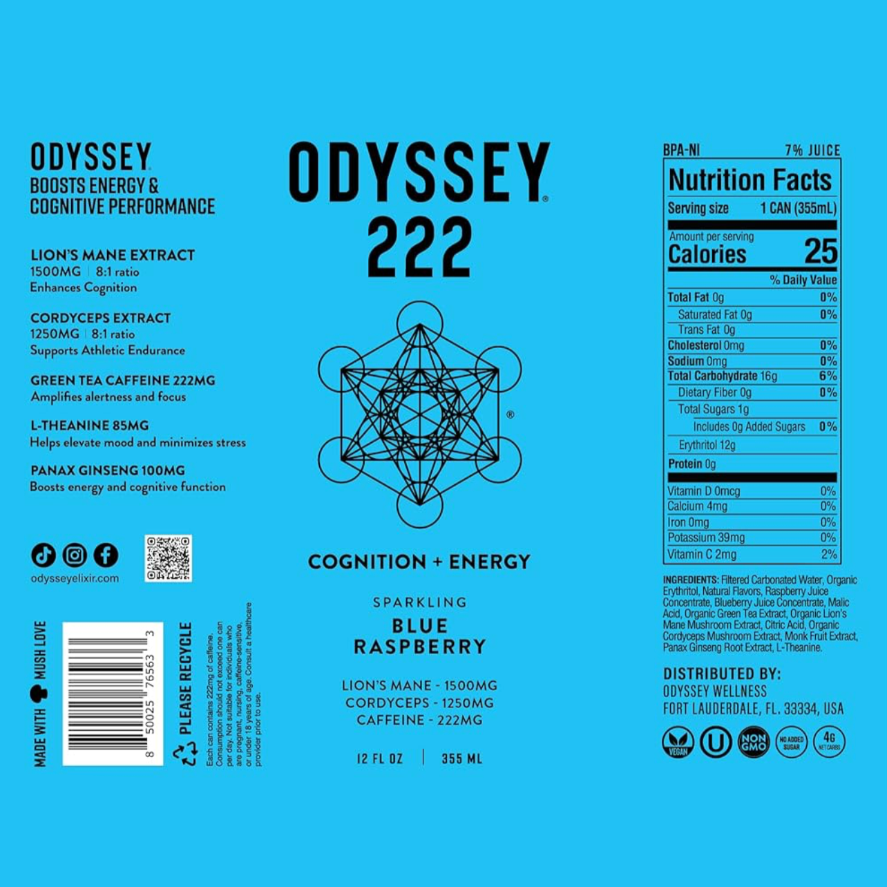 Blue Raspberry Sparkling Mushroom ENERGY + FOCUS Drink, Odyssey