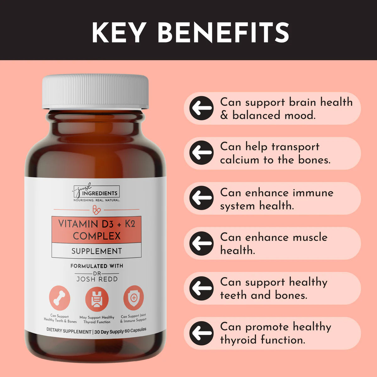 Vitamin D3 + K2 Complex, 60 Capsules, Just Ingredients