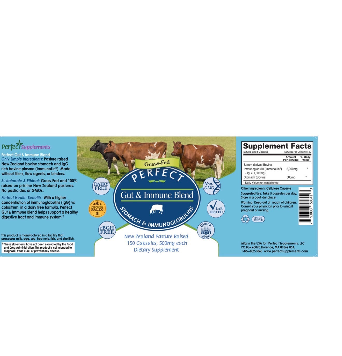 Perfect Gut & Immune Blend, Stomach & Immunoglobulins, 150 Capsules, Perfect Supplements