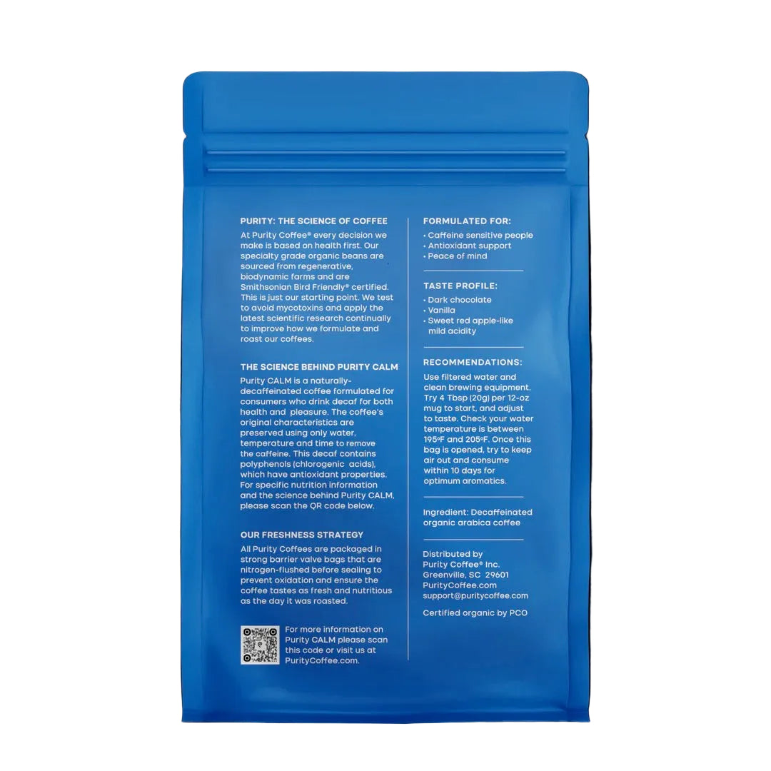 CALM: Decaffeinated Medium Roasted Organic GROUND Bean Coffee, 12oz, Purity