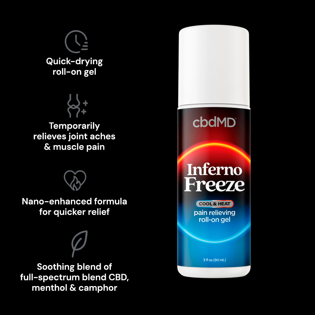 Inferno Freeze, Cool & Hot Pain Relieving Roll-On Gel, 3oz, cbdMD