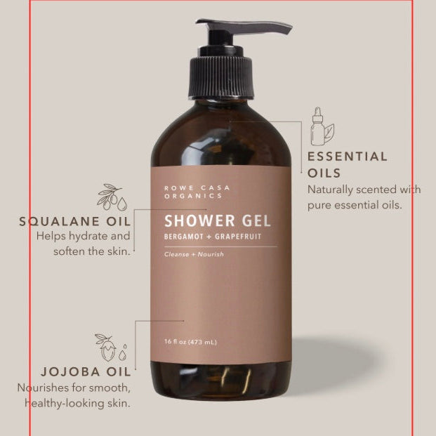 Hydrating Shower Gel, Bergamot + Grapefruit, 16oz, Rowe Casa Organics