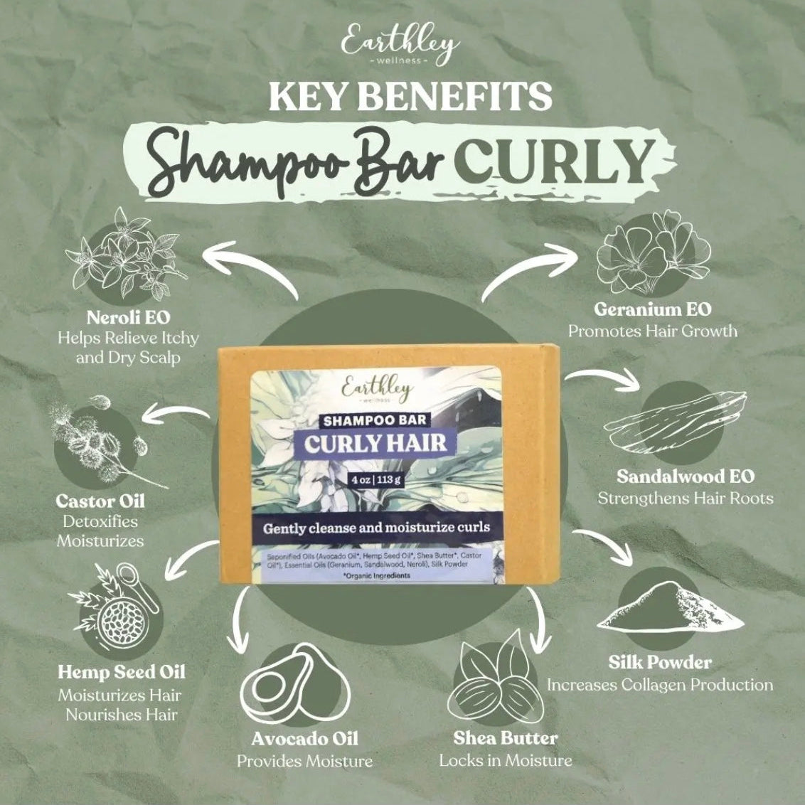 Curly Hair Shampoo Bar - Gently cleanse and moisturize curls, 4oz, Earthley