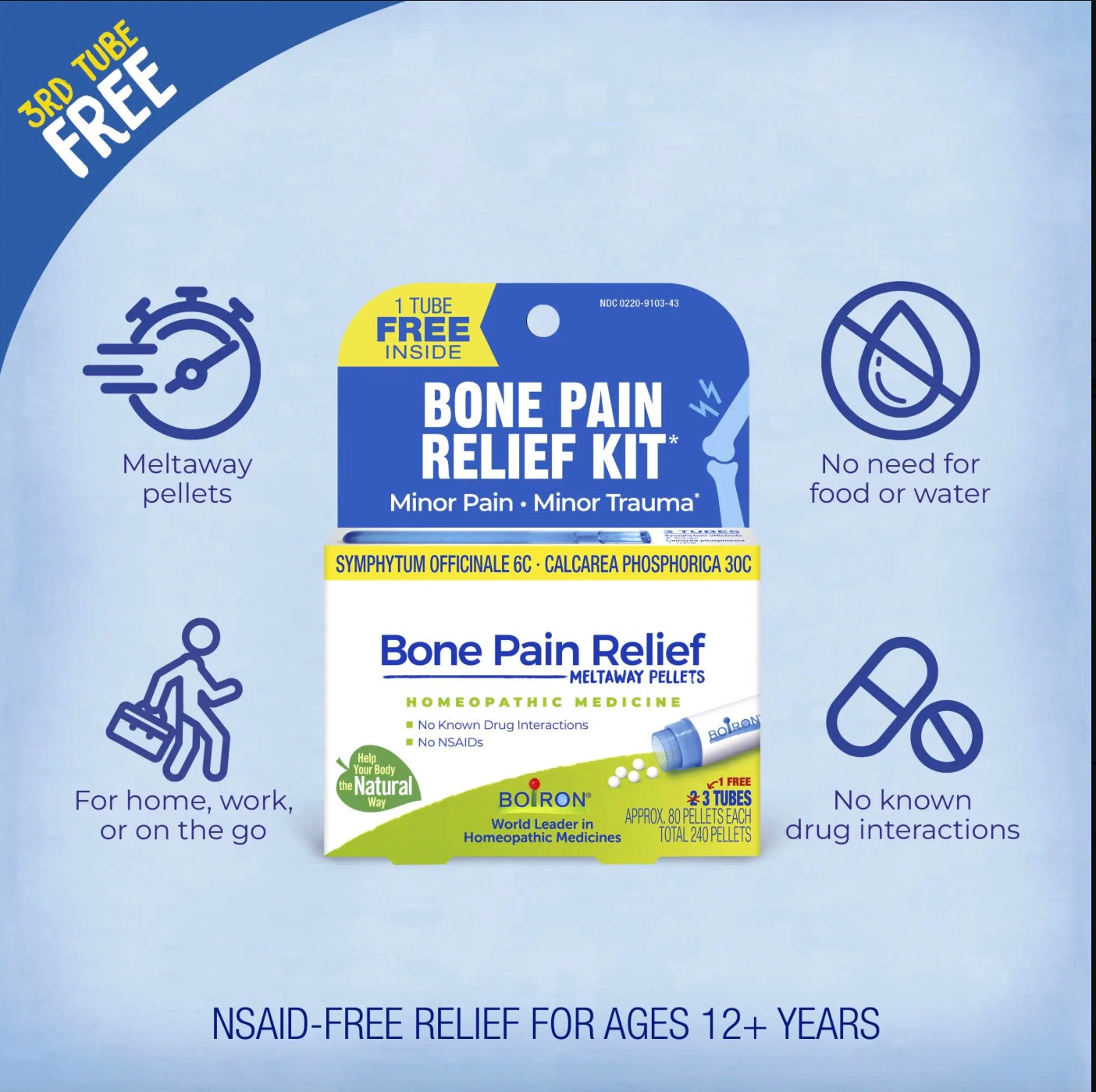 Bone Pain Relief Kit, Homeopathic Medicine for Minor Pains & Trauma, 3 Tubes, Boiron