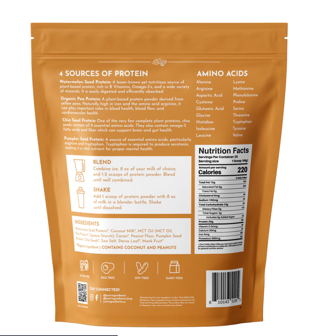 Vegan Peanut Butter Chocolate Protein Powder, 20 Servings, Just Ingredients
