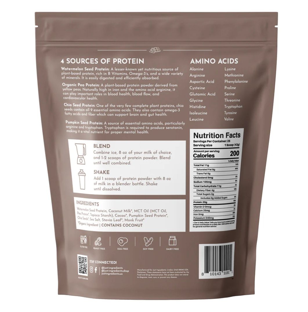 Vegan Chocolate Protein Powder, 20 Servings, Just Ingredients
