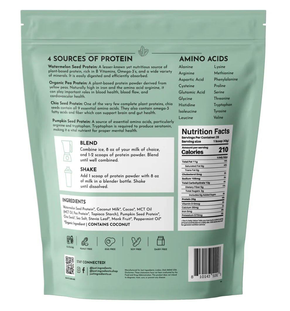 Vegan Mint Chocolate Protein Powder, 20 Servings, Just Ingredients
