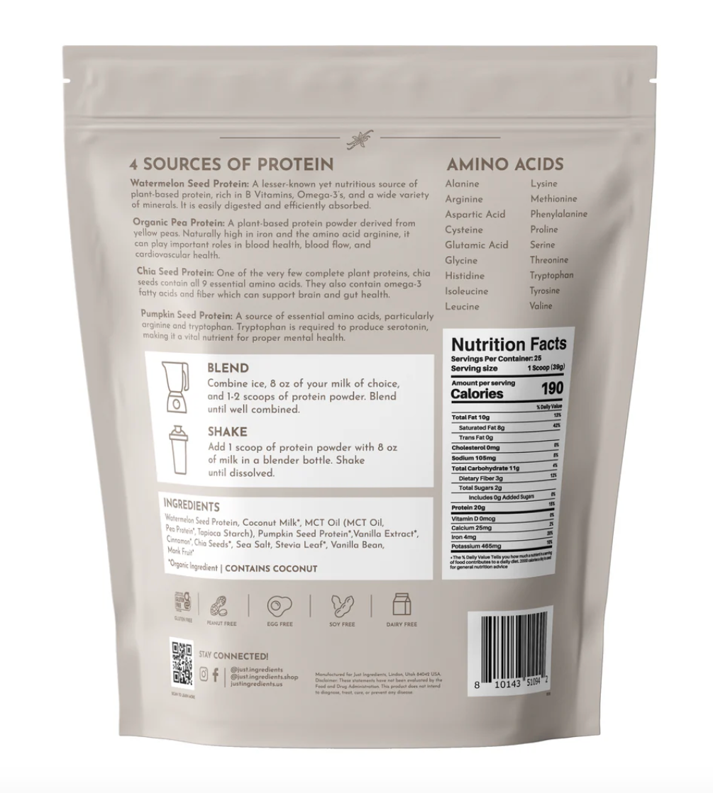 Vegan Vanilla Bean Protein Powder, 20 Servings, Just Ingredients