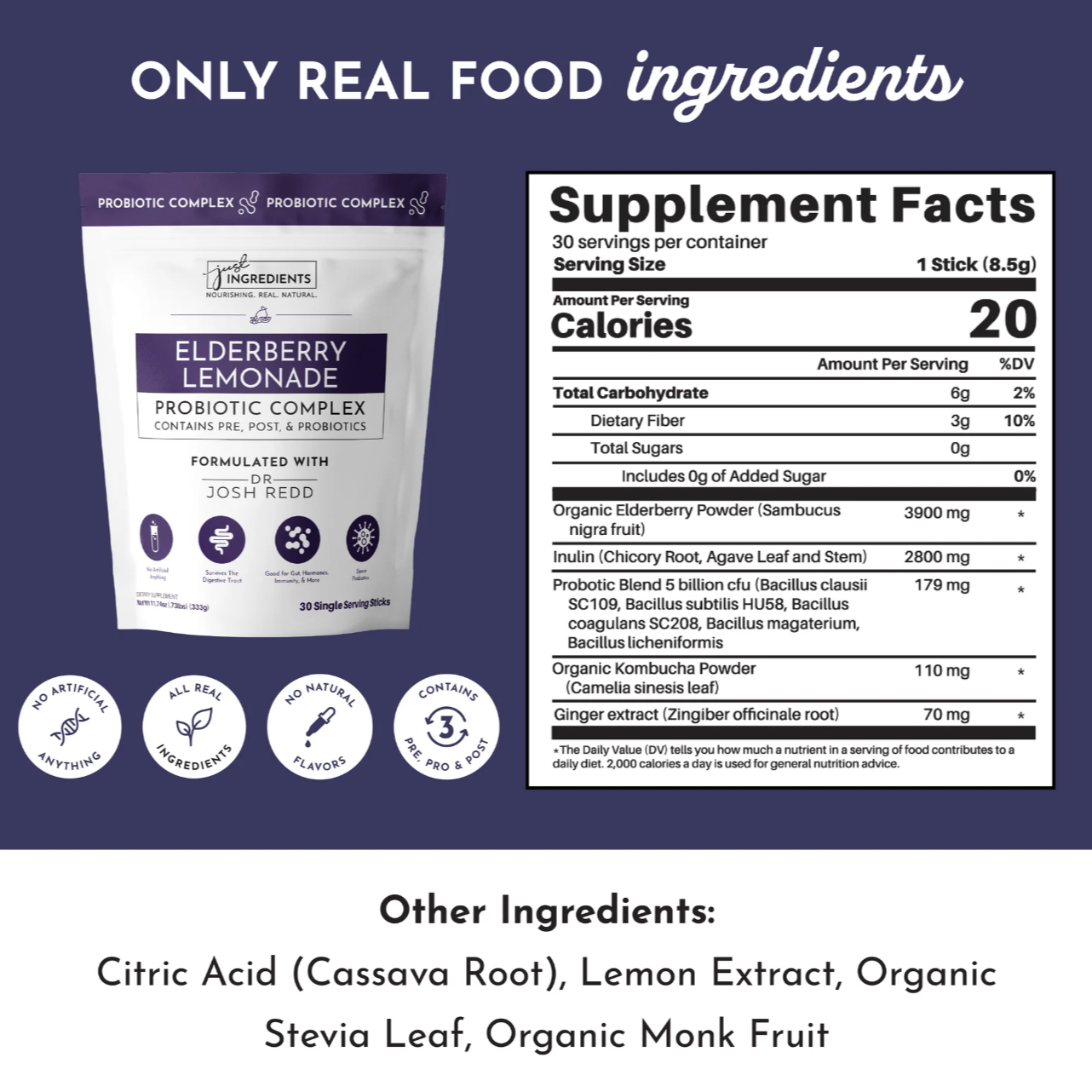 Elderberry Lemonade 3-In-1 Probiotic Complex, 30 Single Serving Sticks, Just Ingredients