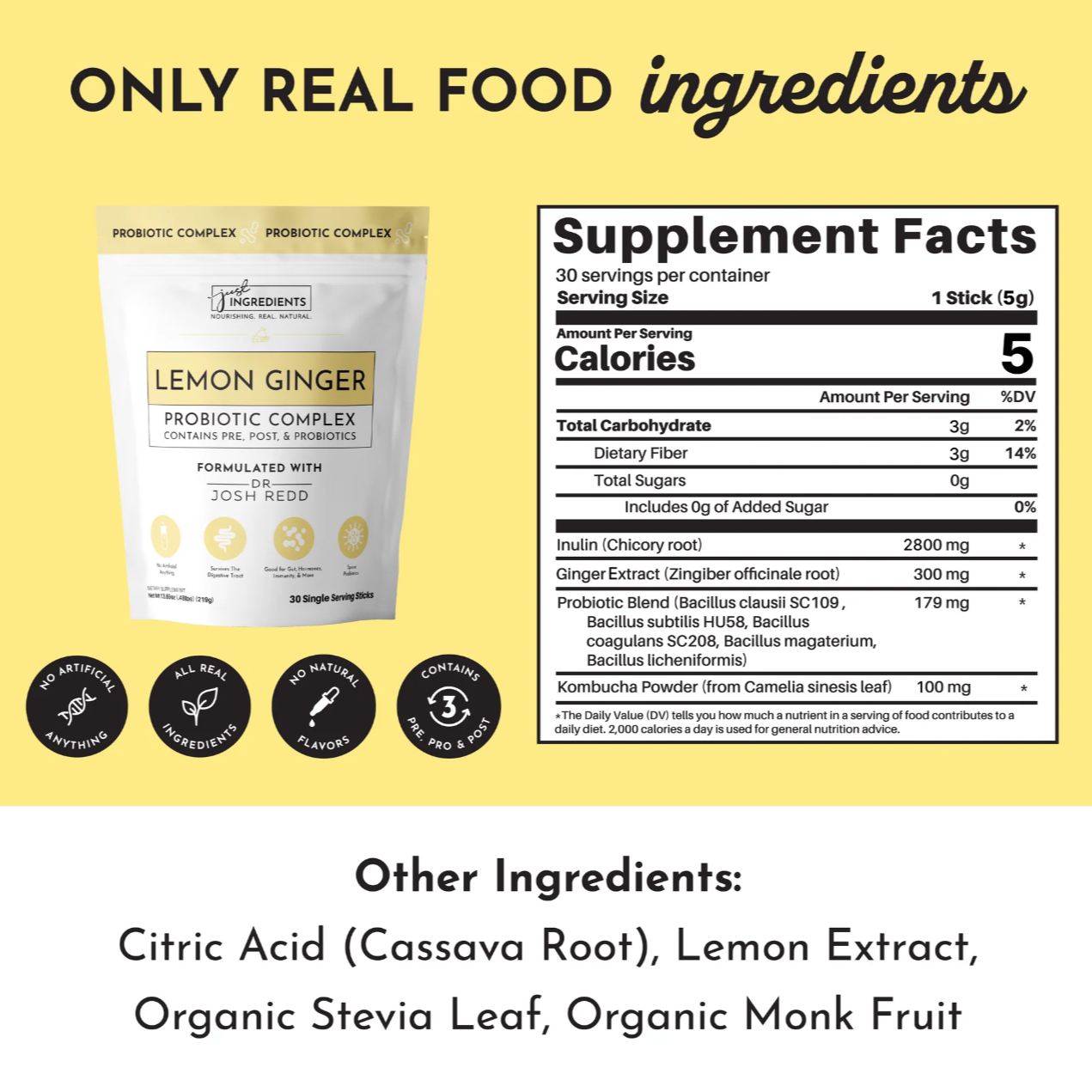 Lemon Ginger 3-In-1 Probiotic Complex, 30 Single Serving Sticks, Just Ingredients