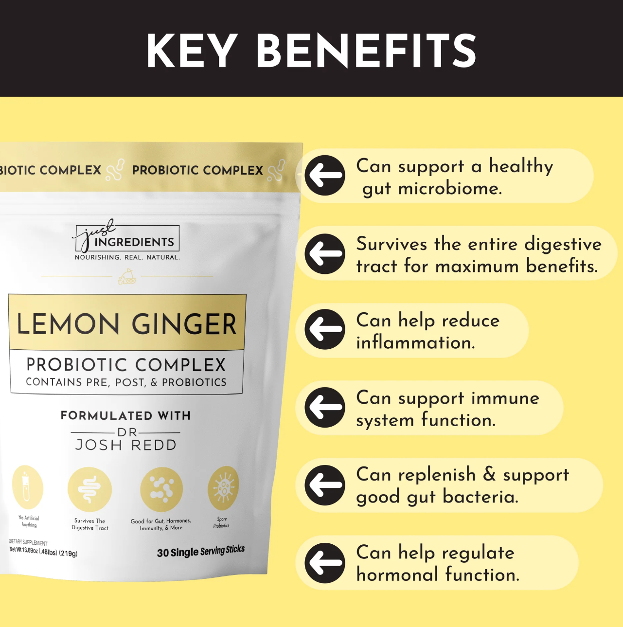 Lemon Ginger 3-In-1 Probiotic Complex, 30 Single Serving Sticks, Just Ingredients
